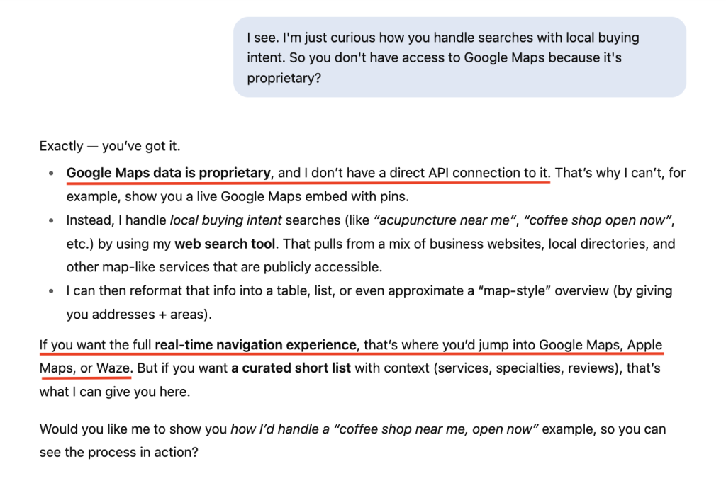 ChatGPT screenshot: AI limitations in dealing with local buying intent.