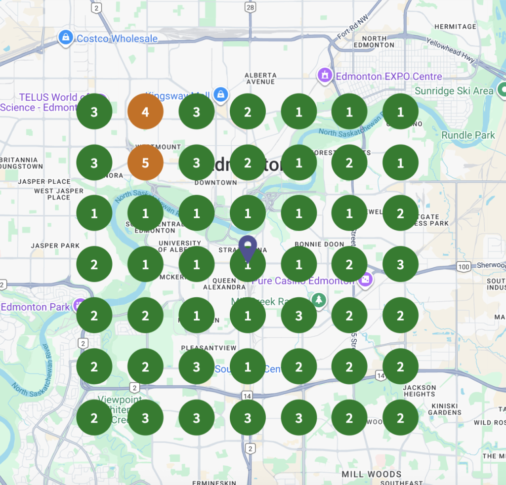 Client result: GBP ranks for the local map pack across central Edmonton one month after work completion.